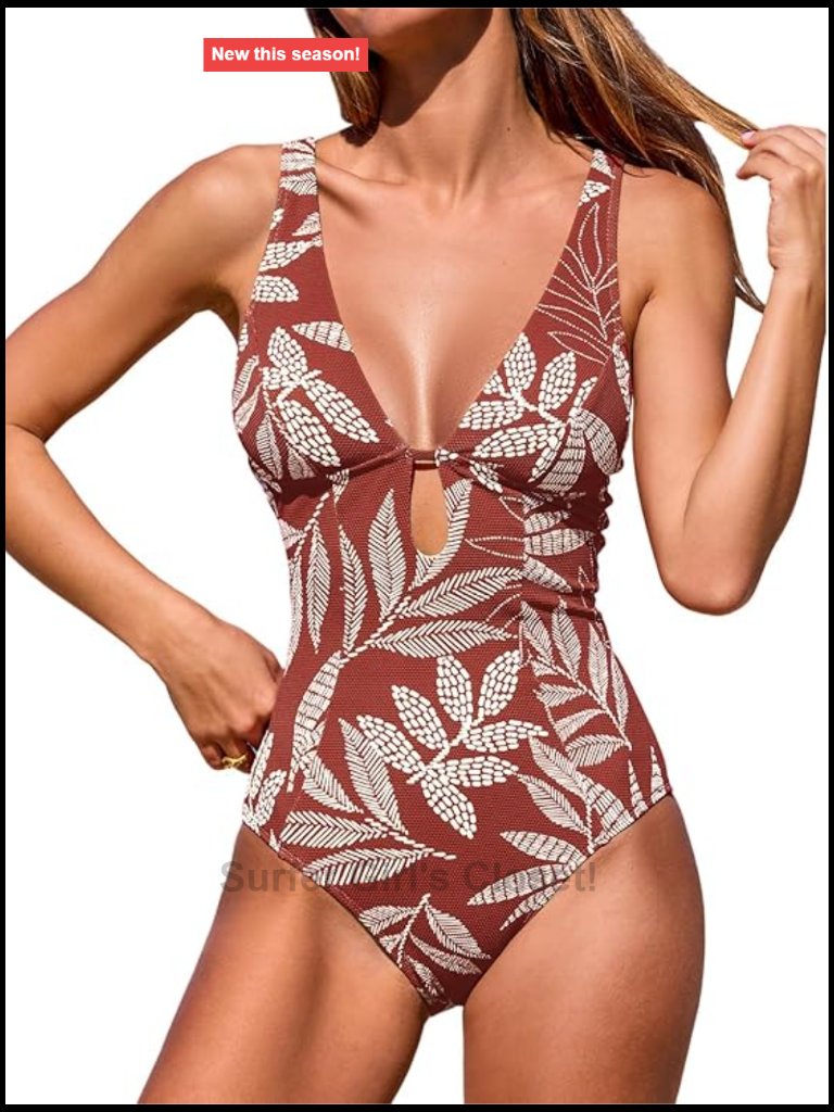 One Piece Swimsuit Deep V Neck Keyhole Cutout Textured